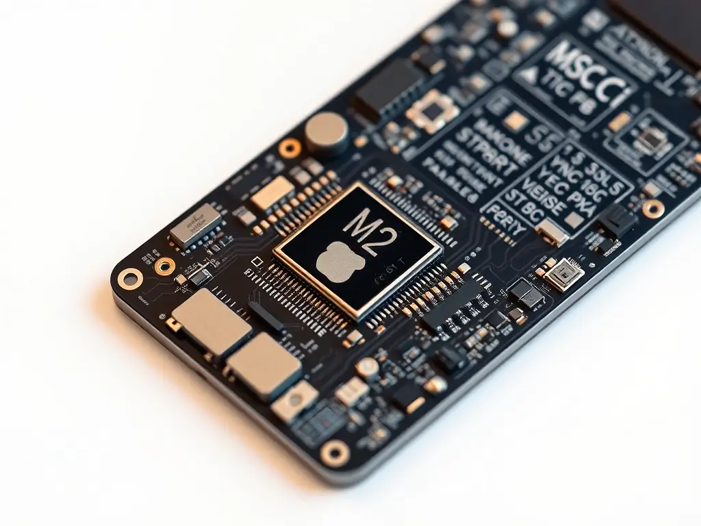 A detailed close-up of the Apple MacBook Air M2's M2 chip on the logic board, showcasing its intricate design and advanced technology, set against a clean, well-lit background to emphasize its sophistication.