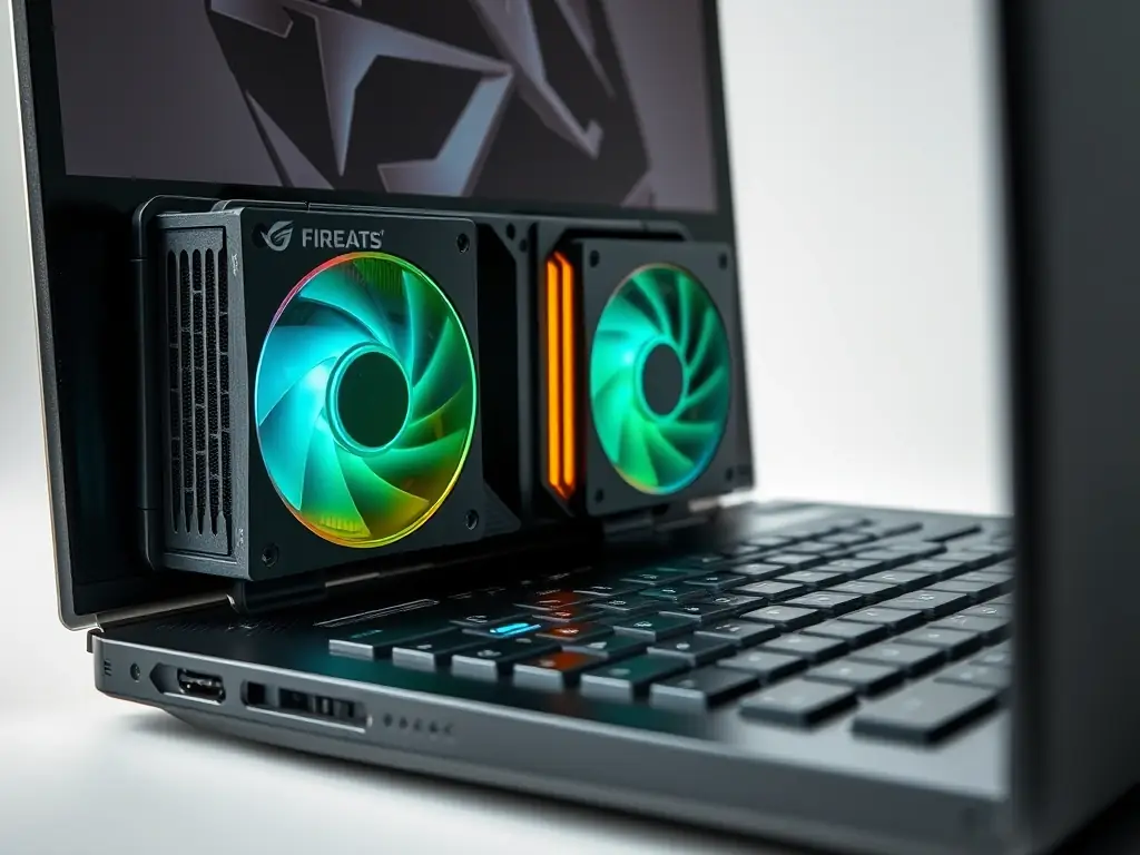 A high-resolution image of the Asus ROG Zephyrus G14's advanced cooling system, highlighting the heat pipes, fans, and ventilation design, set against a dark background to emphasize its cooling capabilities.